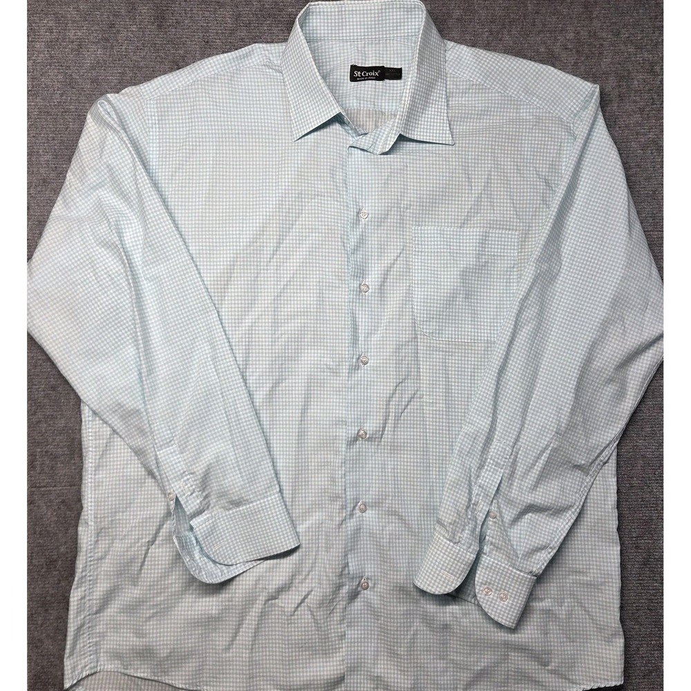 St Croix Italy Men XXL Blue Gingham Check Dress Shirt 100% Cotton Button Front